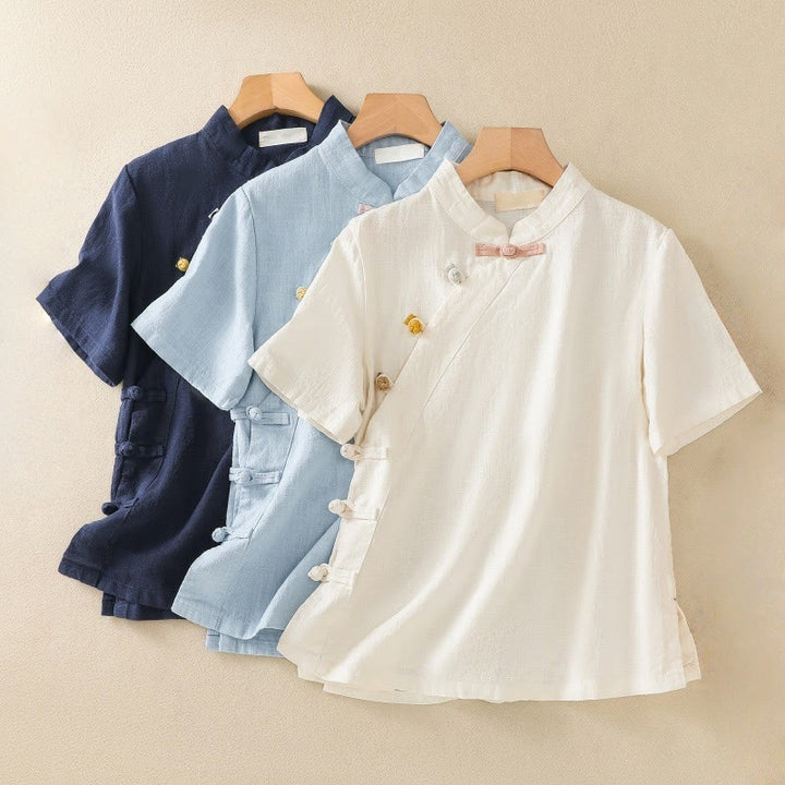 Buddha Stones Casual Plain Slant Stand Collar Collar Colorful Frog-Button Tang Suit Women's Cotton Linen Three Quarter Sleeve Shirt Cardigan - image 24