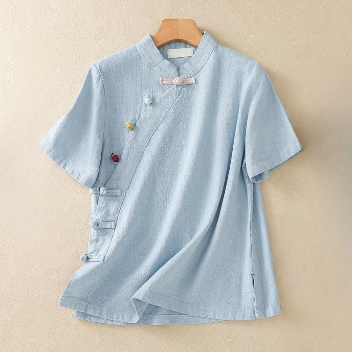 Buddha Stones Casual Plain Slant Stand Collar Collar Colorful Frog-Button Tang Suit Women's Cotton Linen Three Quarter Sleeve Shirt Cardigan - LightSkyBlue - US8-10，UK/AU12-14，EU40-42 (2XL) - image 15
