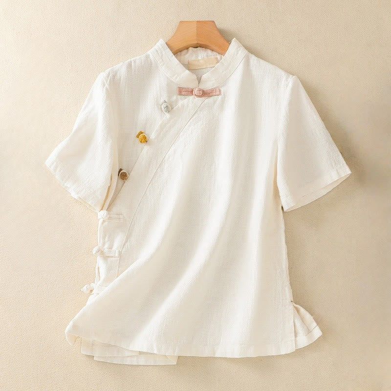 Buddha Stones Casual Plain Slant Stand Collar Collar Colorful Frog-Button Tang Suit Women's Cotton Linen Three Quarter Sleeve Shirt Cardigan - Beige - US8-10，UK/AU12-14，EU40-42 (2XL) - image 7
