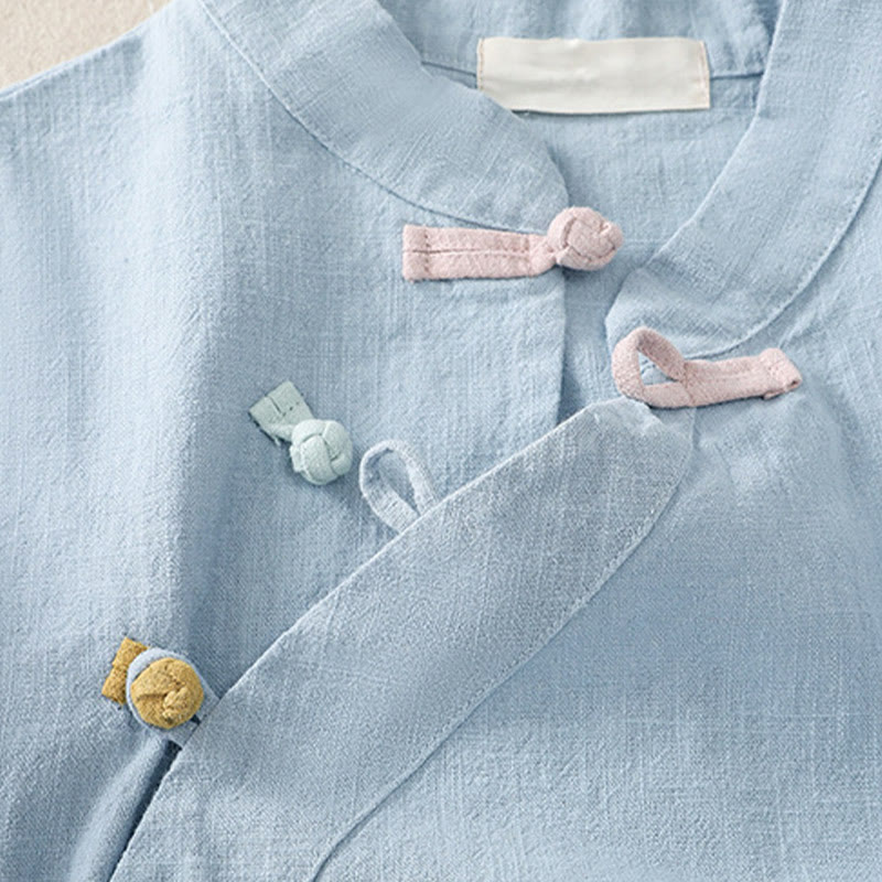 Buddha Stones Casual Plain Slant Stand Collar Collar Colorful Frog-Button Tang Suit Women's Cotton Linen Three Quarter Sleeve Shirt - image 19