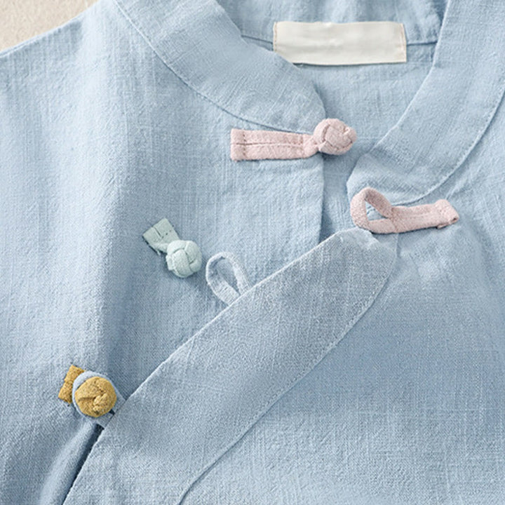 Buddha Stones Casual Plain Slant Stand Collar Collar Colorful Frog-Button Tang Suit Women's Cotton Linen Three Quarter Sleeve Shirt - image 19