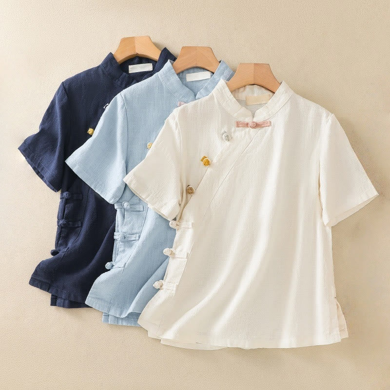 Buddha Stones Casual Plain Slant Stand Collar Collar Colorful Frog-Button Tang Suit Women's Cotton Linen Three Quarter Sleeve Shirt - image 24