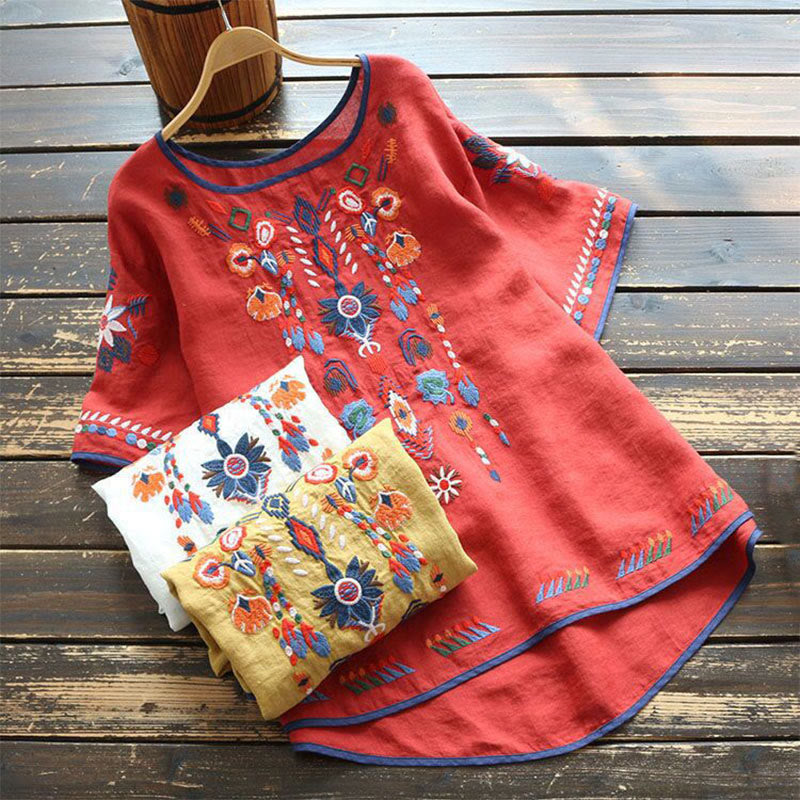 Buddha Stones Retro Artistic Embroidery Floral Pattern Crew Neck Women's Cotton Linen Short Sleeve T-Shirt - image 17