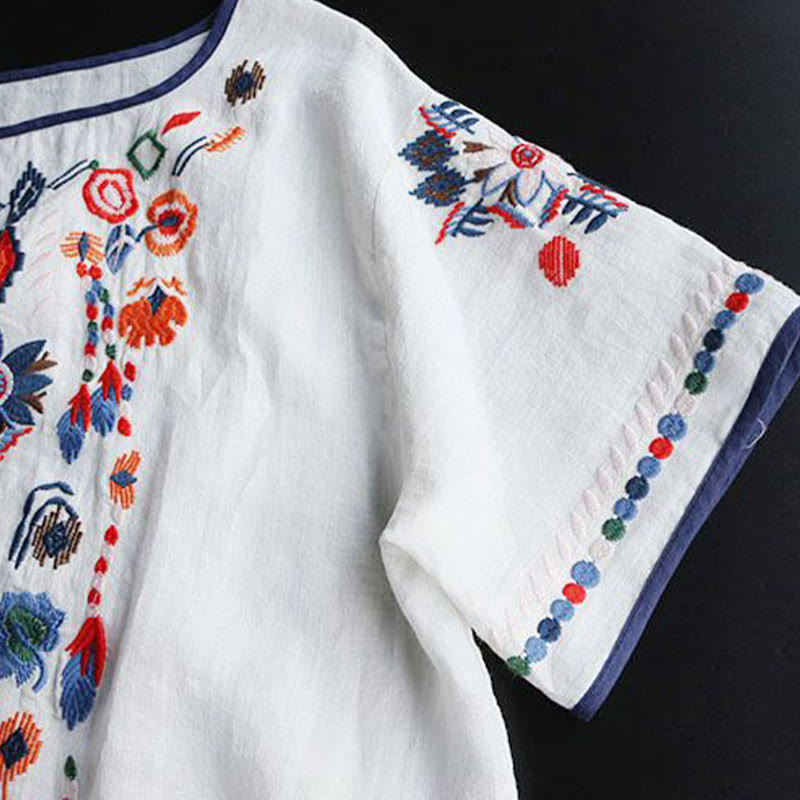 Buddha Stones Retro Artistic Embroidery Floral Pattern Crew Neck Women's Cotton Linen Short Sleeve T-Shirt - image 5