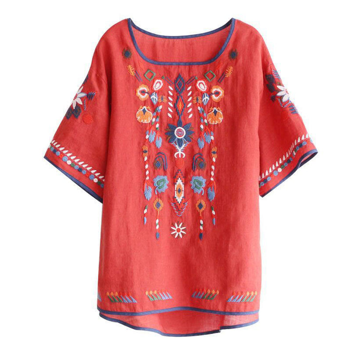 Buddha Stones Retro Artistic Embroidery Floral Pattern Crew Neck Women's Cotton Linen Short Sleeve T-Shirt - image 12