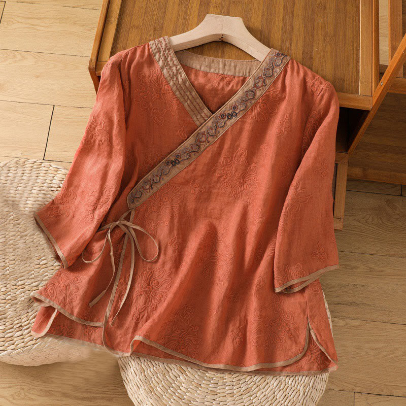 Buddha Stones Summer Vintage Embroidery Plant Floral Lace-Up Design V-Neck Women's Cotton Linen Shirt - OrangeRed - US8-10，UK/AU12-14，EU40-42 (2XL) - image 1