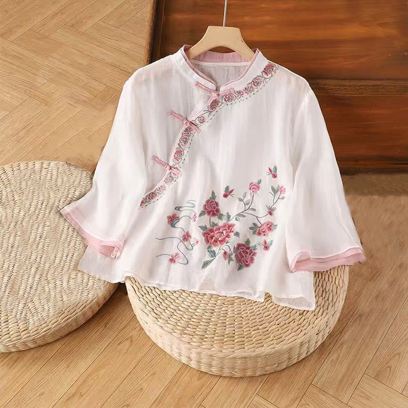 Buddha Stones Vintage Zen Embroidery Plant Floral Pattern Chinese Frog-Button Design Three Quarter Sleeve Women's Shirt - LavenderBlush - US12，UK/AU16，EU44 (4XL) - image 1