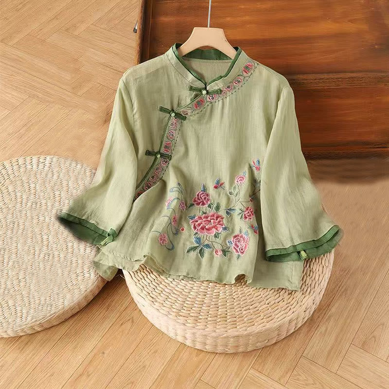 Buddha Stones Vintage Zen Embroidery Plant Floral Pattern Chinese Frog-Button Design Three Quarter Sleeve Women's Cotton Linen Shirt - LightGreen - US12，UK/AU16，EU44 (4XL) - image 0