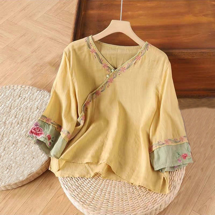 Buddha Stones Spring Retro Embroidery Button Design Three Quarter Sleeve Women's Cotton Shirt - Khaki - US14，UK/AU18，EU46 (4XL) - image 5