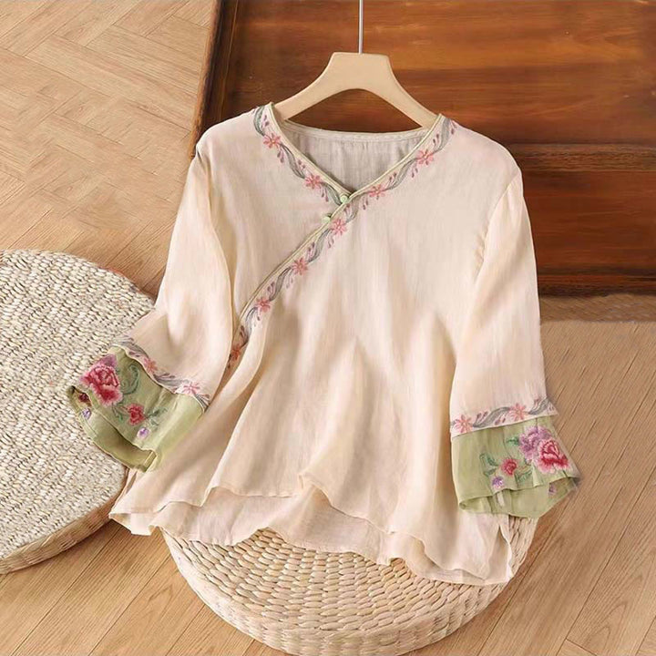 Buddha Stones Spring Retro Embroidery Button Design Three Quarter Sleeve Women's Cotton Shirt - BlanchedAlmond - US14，UK/AU18，EU46 (4XL) - image 0