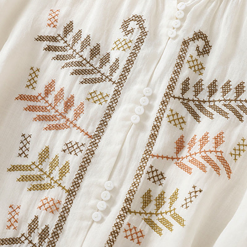 Buddha Stones Casual Artistic Embroidery Leaves Pattern Women's Cotton Linen Three Quarter Sleeve Shirt - image 18