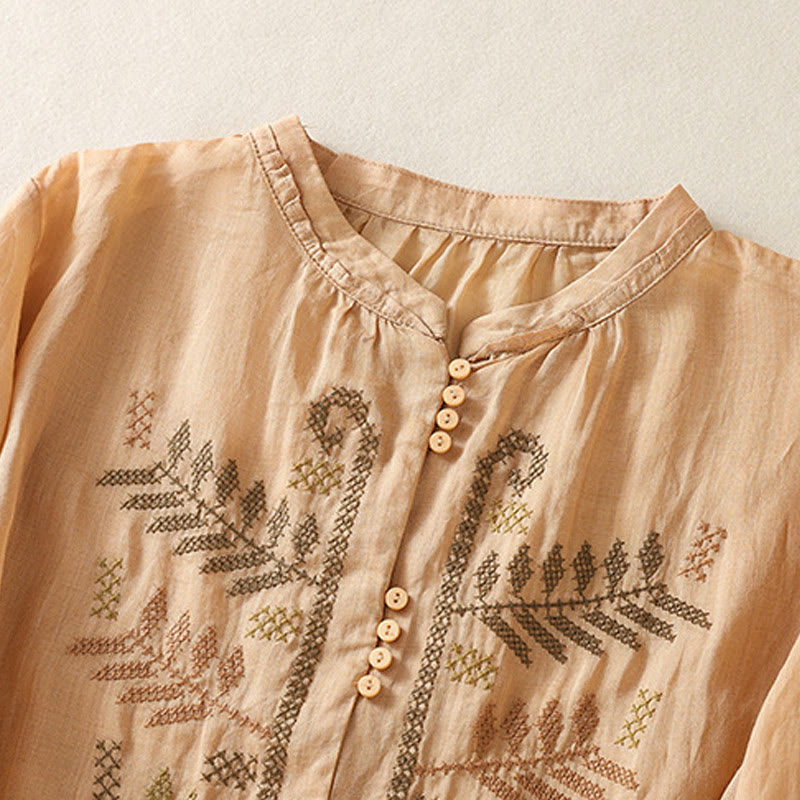 Buddha Stones Casual Artistic Embroidery Leaves Pattern Women's Cotton Linen Three Quarter Sleeve Shirt - image 2