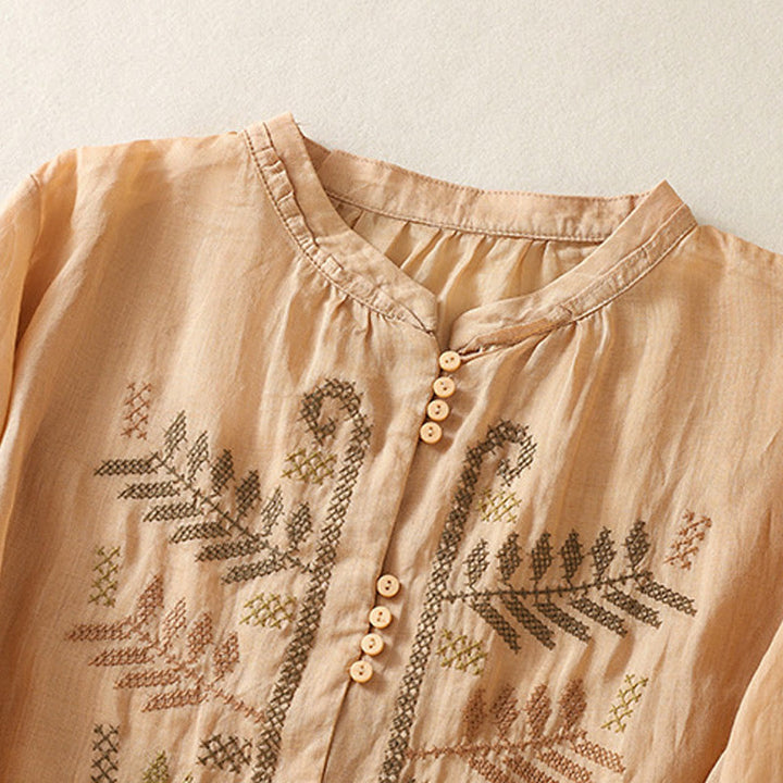 Buddha Stones Casual Artistic Embroidery Leaves Pattern Women's Cotton Linen Three Quarter Sleeve Shirt - image 2