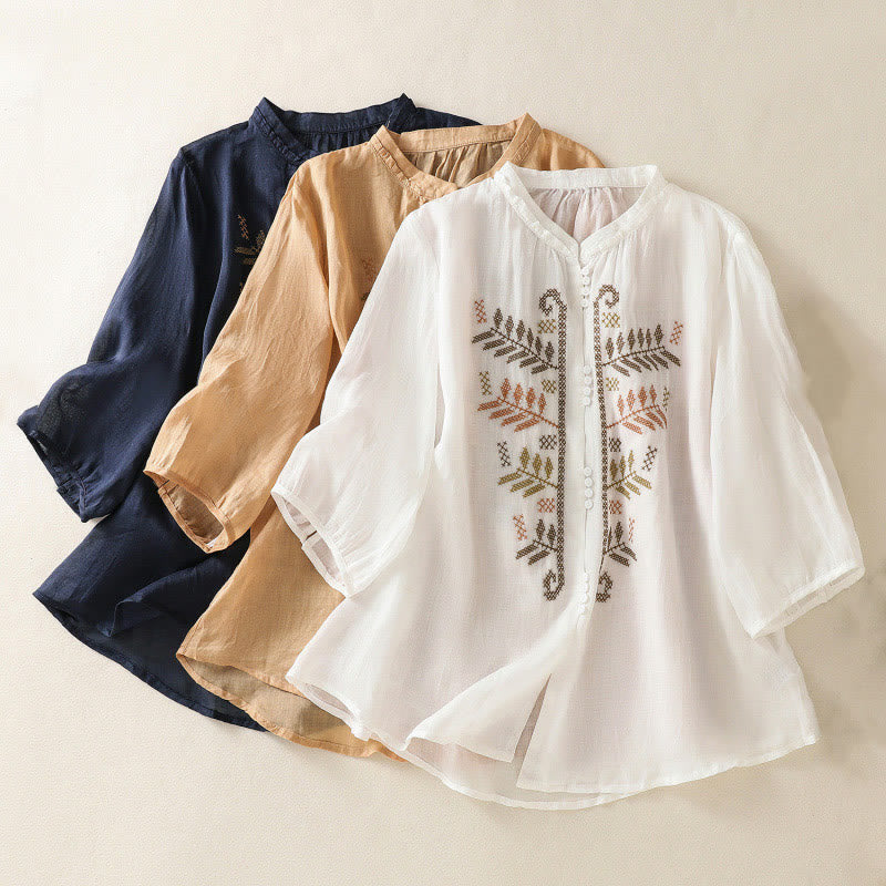 Buddha Stones Casual Artistic Embroidery Leaves Pattern Women's Cotton Linen Three Quarter Sleeve Shirt Cardigan - image 22