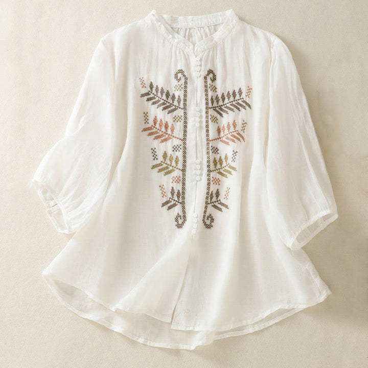 Buddha Stones Casual Artistic Embroidery Leaves Pattern Women's Cotton Linen Three Quarter Sleeve Shirt - White - US8-10，UK/AU12-14，EU40-42 (2XL) - image 14