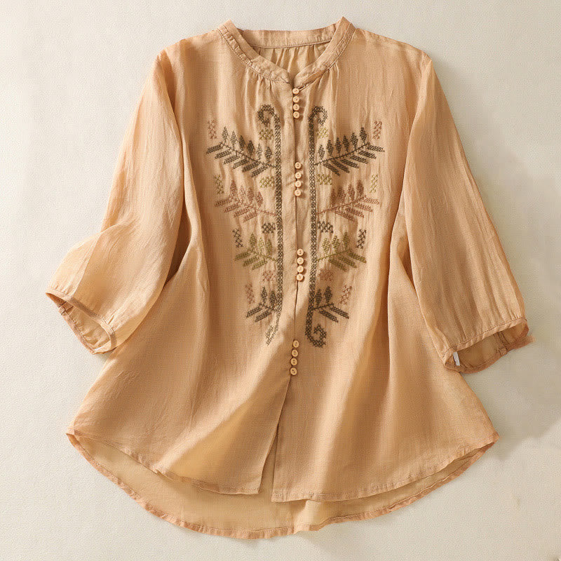 Buddha Stones Casual Artistic Embroidery Leaves Pattern Women's Cotton Linen Three Quarter Sleeve Shirt - Orange - US8-10，UK/AU12-14，EU40-42 (2XL) - image 0