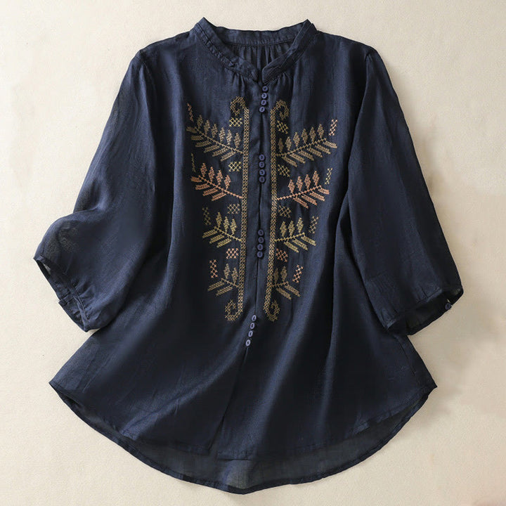 Buddha Stones Casual Artistic Embroidery Leaves Pattern Women's Cotton Linen Three Quarter Sleeve Shirt Cardigan - MidnightBlue - US8-10，UK/AU12-14，EU40-42 (2XL) - image 8