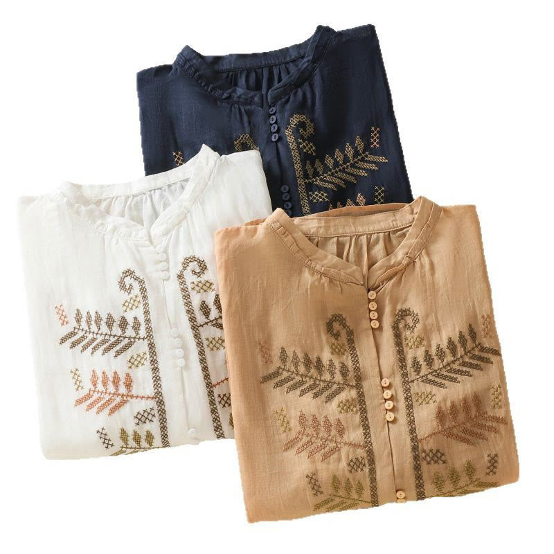 Buddha Stones Casual Artistic Embroidery Leaves Pattern Women's Cotton Linen Three Quarter Sleeve Shirt - image 24