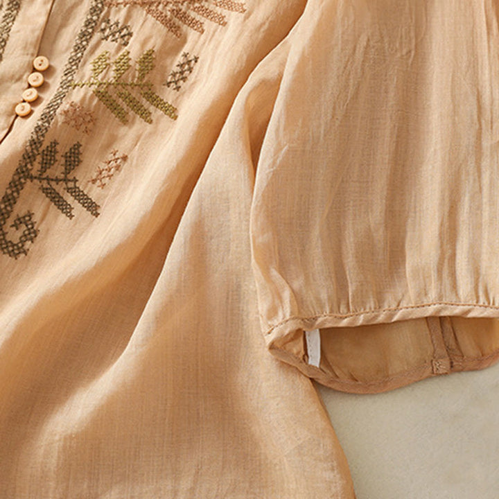 Buddha Stones Casual Artistic Embroidery Leaves Pattern Women's Cotton Linen Three Quarter Sleeve Shirt - image 6