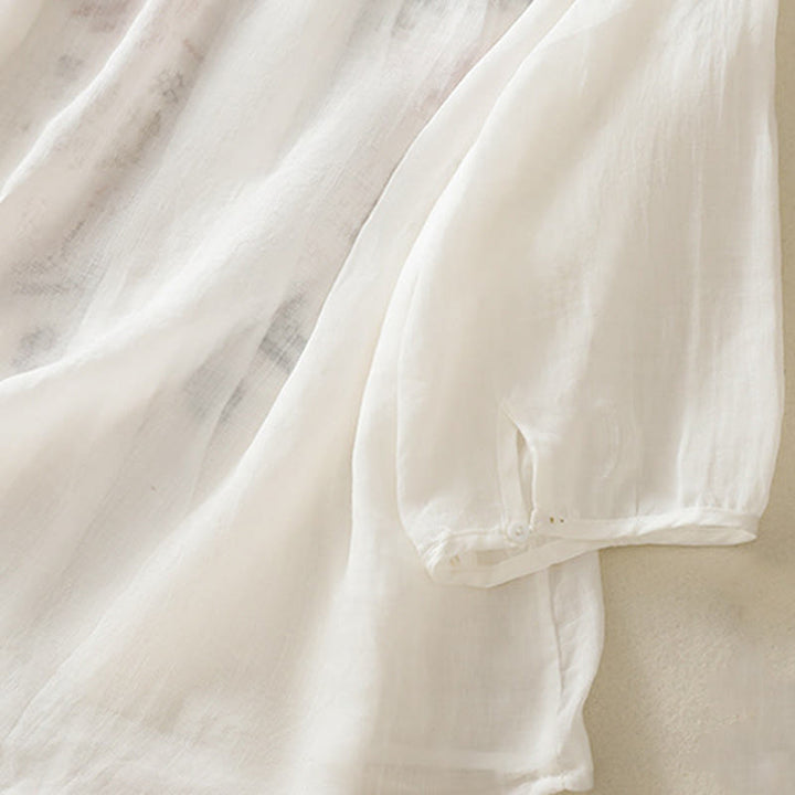 Buddha Stones Casual Artistic Embroidery Leaves Pattern Women's Cotton Linen Three Quarter Sleeve Shirt - image 19