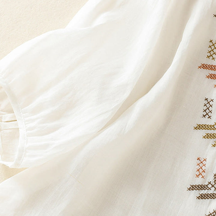 Buddha Stones Casual Artistic Embroidery Leaves Pattern Women's Cotton Linen Three Quarter Sleeve Shirt - image 17