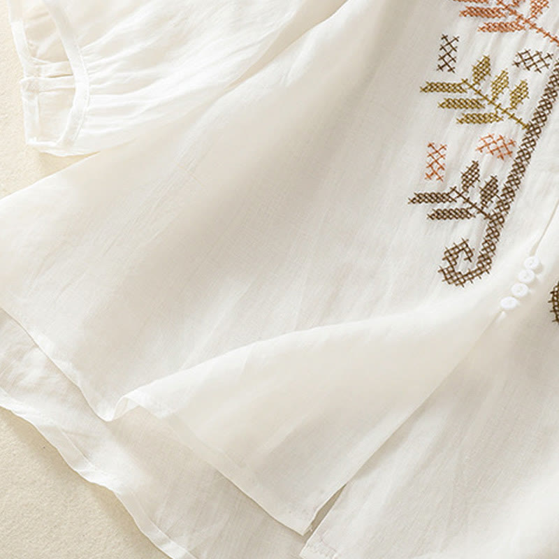 Buddha Stones Casual Artistic Embroidery Leaves Pattern Women's Cotton Linen Three Quarter Sleeve Shirt - image 20