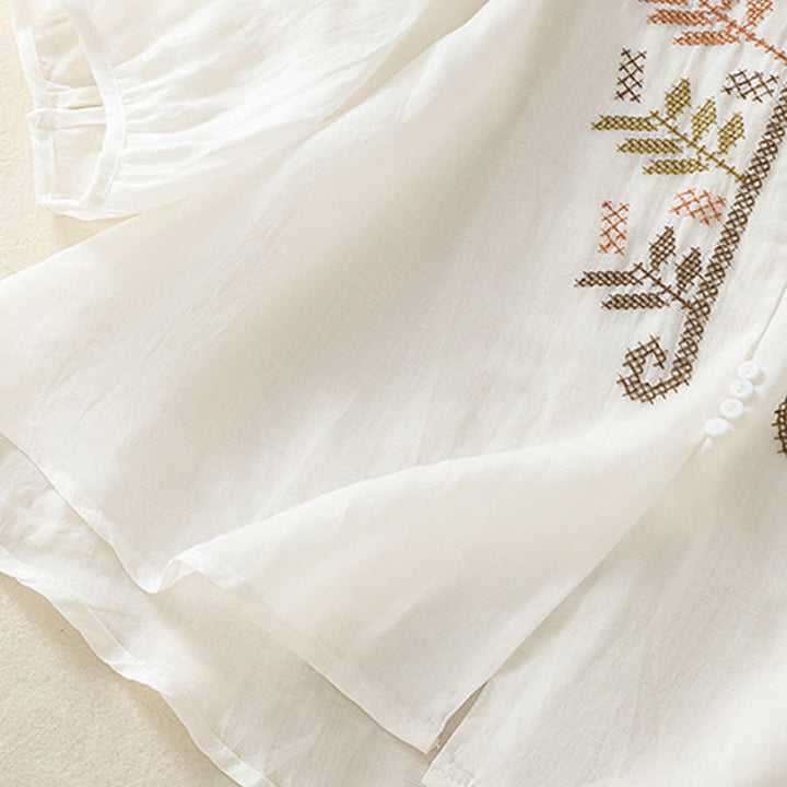 Buddha Stones Casual Artistic Embroidery Leaves Pattern Women's Cotton Linen Three Quarter Sleeve Shirt - image 20