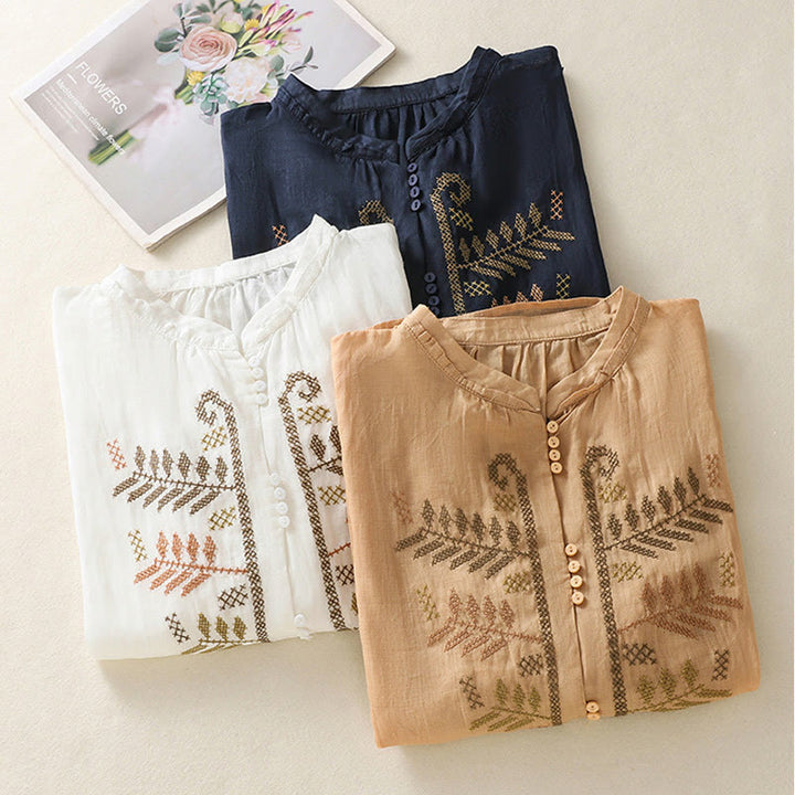 Buddha Stones Casual Artistic Embroidery Leaves Pattern Women's Cotton Linen Three Quarter Sleeve Shirt - image 23