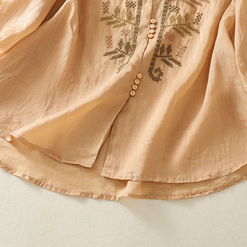 Buddha Stones Casual Artistic Embroidery Leaves Pattern Women's Cotton Linen Three Quarter Sleeve Shirt - image 7