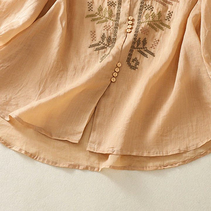 Buddha Stones Casual Artistic Embroidery Leaves Pattern Women's Cotton Linen Three Quarter Sleeve Shirt - image 7