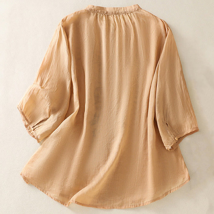 Buddha Stones Casual Artistic Embroidery Leaves Pattern Women's Cotton Linen Three Quarter Sleeve Shirt - image 1