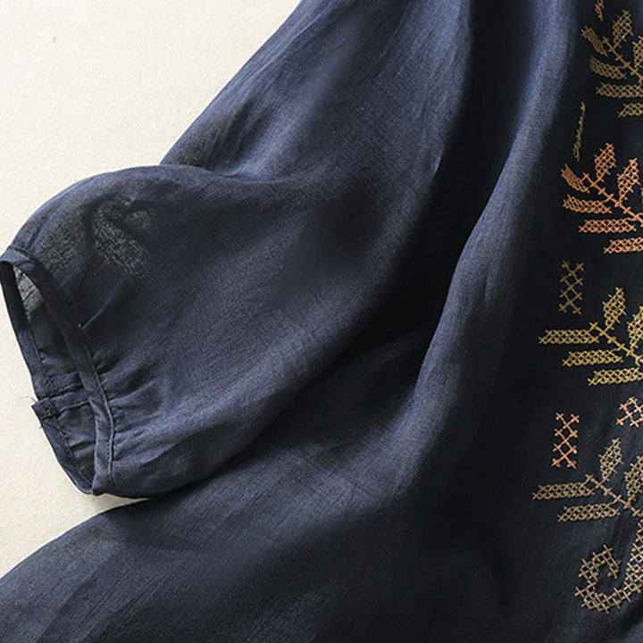 Buddha Stones Casual Artistic Embroidery Leaves Pattern Women's Cotton Linen Three Quarter Sleeve Shirt - image 11