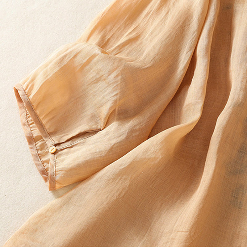 Buddha Stones Casual Artistic Embroidery Leaves Pattern Women's Cotton Linen Three Quarter Sleeve Shirt - image 4