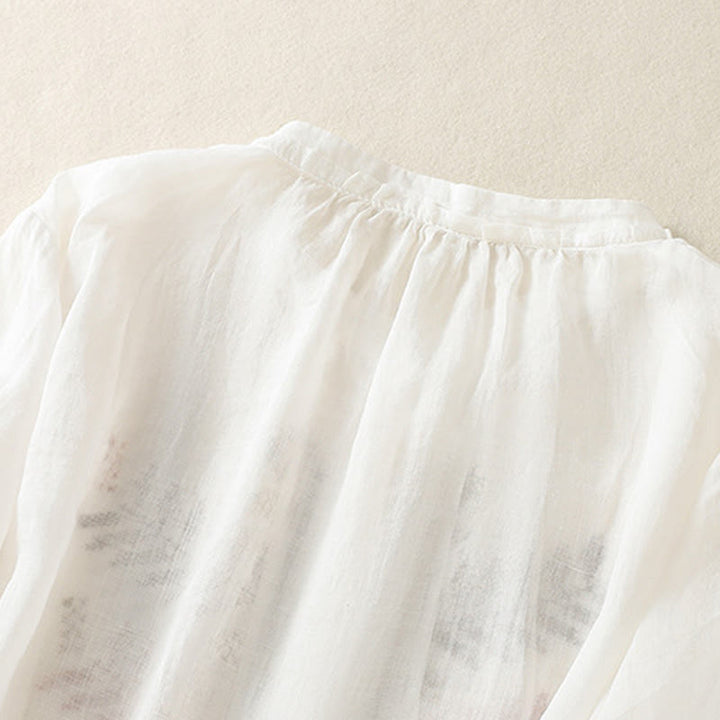 Buddha Stones Casual Artistic Embroidery Leaves Pattern Women's Cotton Linen Three Quarter Sleeve Shirt - image 16