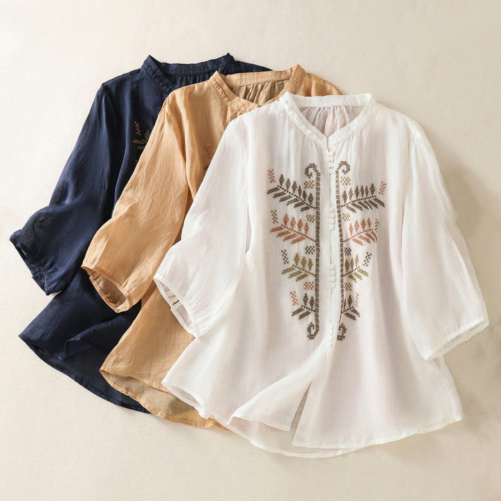 Buddha Stones Casual Artistic Embroidery Leaves Pattern Women's Cotton Linen Three Quarter Sleeve Shirt - image 22