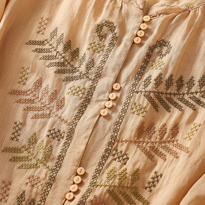 Buddha Stones Casual Artistic Embroidery Leaves Pattern Women's Cotton Linen Three Quarter Sleeve Shirt - image 5