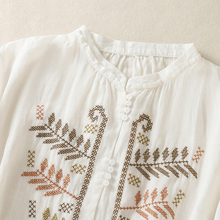 Buddha Stones Casual Artistic Embroidery Leaves Pattern Women's Cotton Linen Three Quarter Sleeve Shirt - image 15