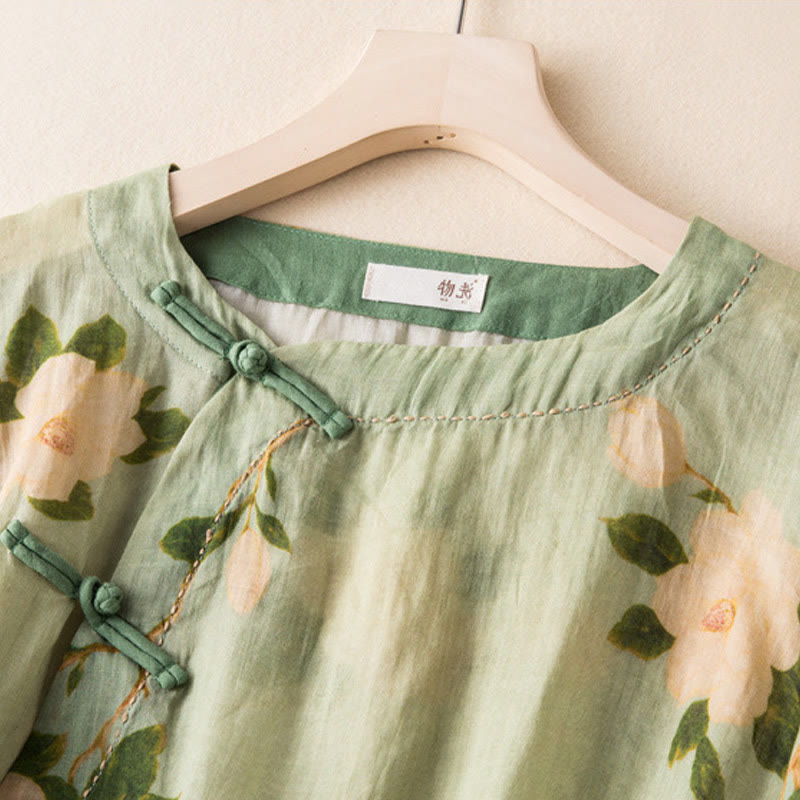 Buddha Stones Lightgreen Casual Artistic Printing Flower Pattern Chinese Frog-Button Design Women's Cotton Linen Long Sleeve Shirt Cardigan - image 2