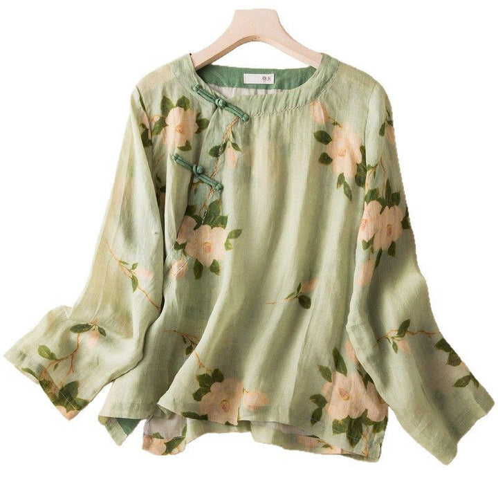 Buddha Stones Lightgreen Casual Artistic Printing Flower Pattern Chinese Frog-Button Design Women's Cotton Linen Long Sleeve Shirt Cardigan - image 17