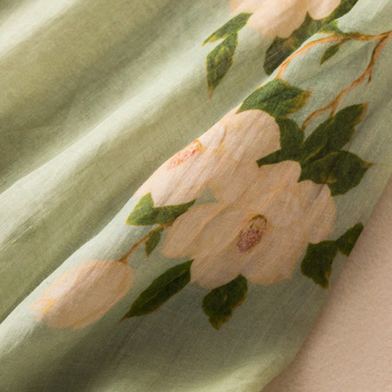 Buddha Stones Lightgreen Casual Artistic Printing Flower Pattern Chinese Frog-Button Design Women's Cotton Linen Long Sleeve Shirt Cardigan - image 9