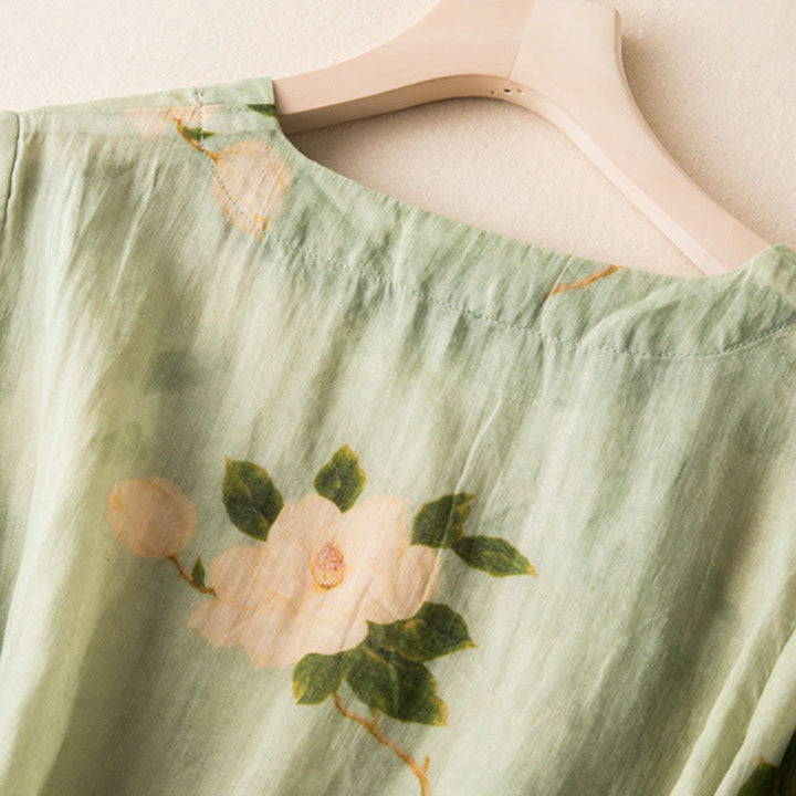 Buddha Stones Lightgreen Casual Artistic Printing Flower Pattern Chinese Frog-Button Design Women's Cotton Linen Long Sleeve Shirt Cardigan - image 5