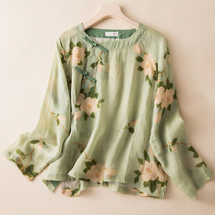 Buddha Stones Lightgreen Casual Artistic Printing Flower Pattern Chinese Frog-Button Design Women's Cotton Linen Long Sleeve Shirt Cardigan - LightGreen - US8-10，UK/AU12-14，EU40-42 (2XL) - image 0