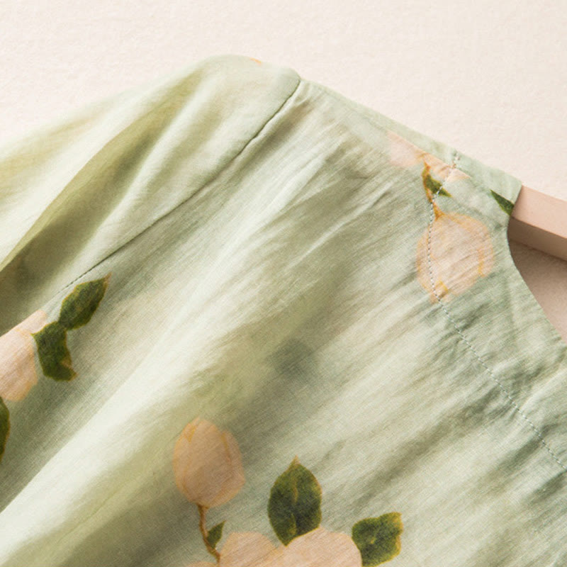 Buddha Stones Lightgreen Casual Artistic Printing Flower Pattern Chinese Frog-Button Design Women's Cotton Linen Long Sleeve Shirt Cardigan - image 7