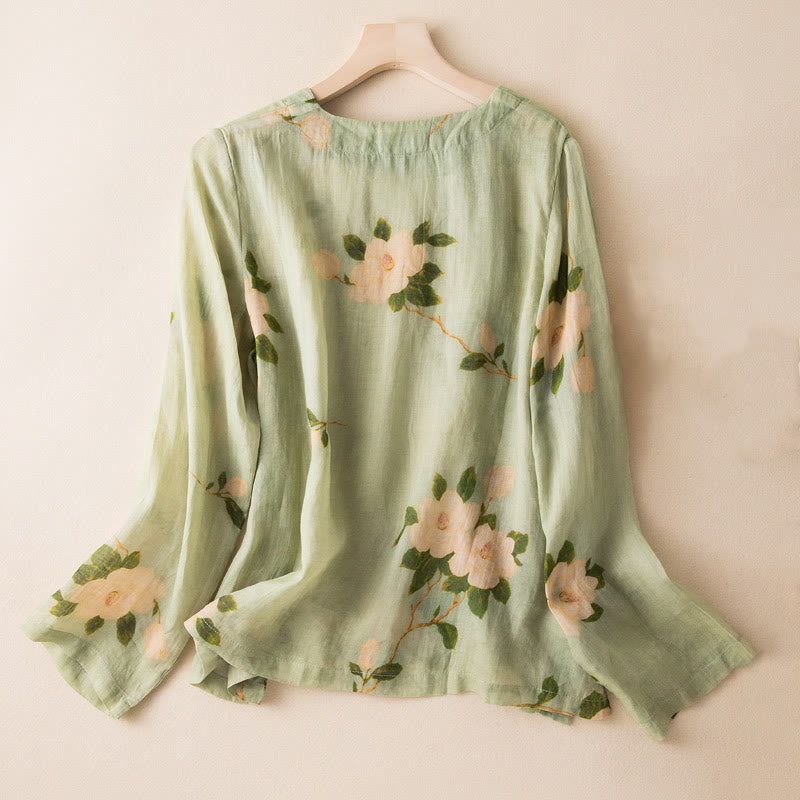 Buddha Stones Lightgreen Casual Artistic Printing Flower Pattern Chinese Frog-Button Design Women's Cotton Linen Long Sleeve Shirt - image 1