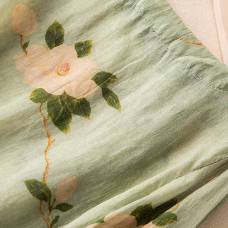 Buddha Stones Lightgreen Casual Artistic Printing Flower Pattern Chinese Frog-Button Design Women's Cotton Linen Long Sleeve Shirt Cardigan - image 11