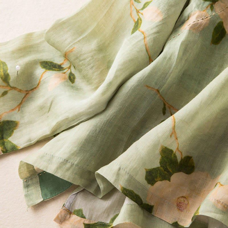 Buddha Stones Lightgreen Casual Artistic Printing Flower Pattern Chinese Frog-Button Design Women's Cotton Linen Long Sleeve Shirt Cardigan - image 16