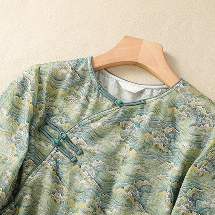 Buddha Stones Summer Casual Printing Frog-Button Design Women's Cotton Linen Long Sleeve Shirt - image 12