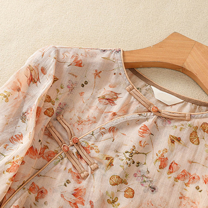 Buddha Stones Summer Casual Printing Frog-Button Design Women's Cotton Linen Long Sleeve Shirt - image 4