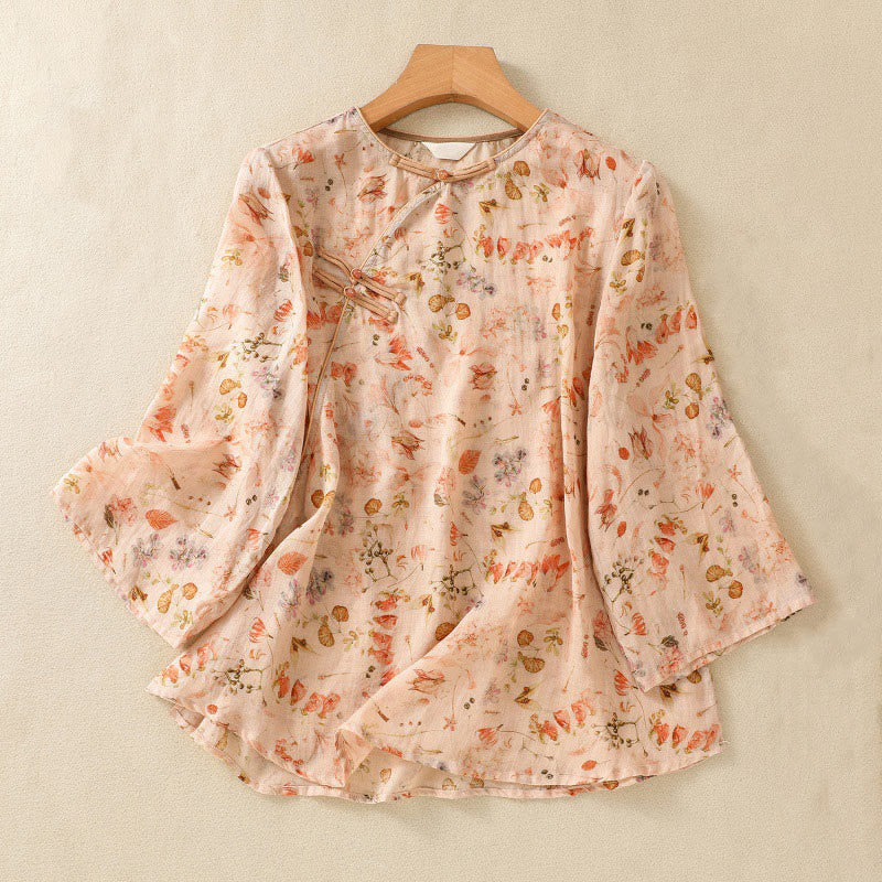 Buddha Stones Summer Casual Printing Frog-Button Design Women's Cotton Linen Long Sleeve Shirt - NavajoWhite - US8-10，UK/AU12-14，EU40-42 (2XL) - image 0