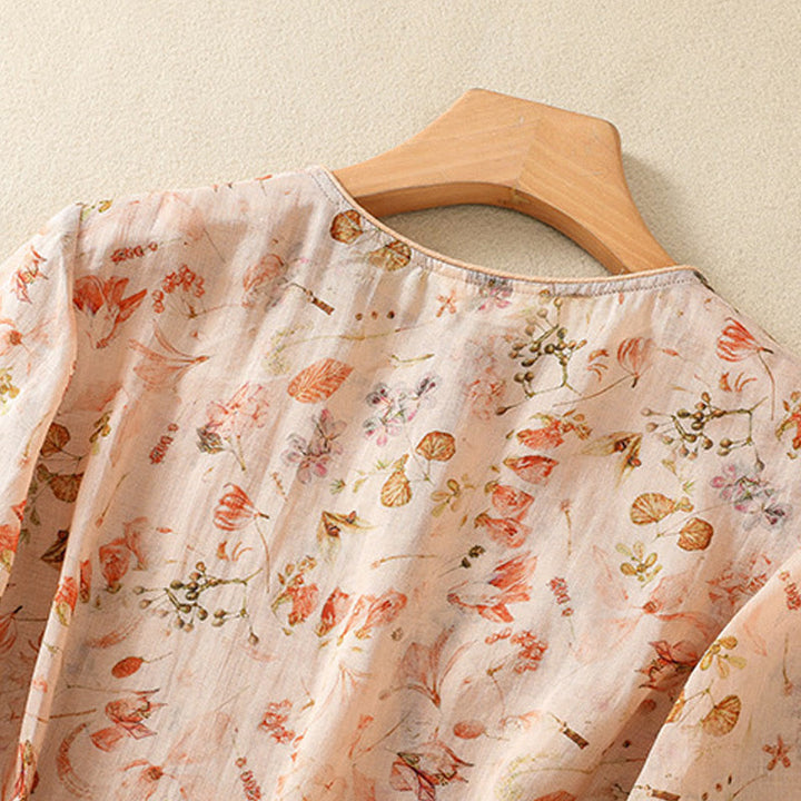 Buddha Stones Summer Casual Printing Frog-Button Design Women's Cotton Linen Long Sleeve Shirt - image 3